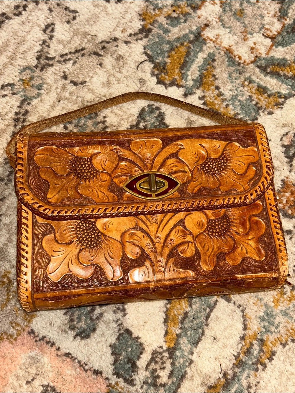 Vintage Tooled Leather Floral Leather Clutch